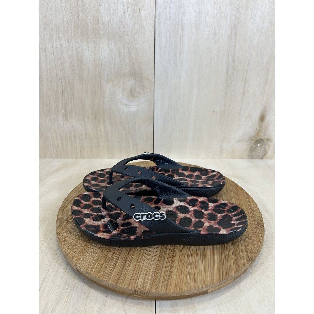 CROCS Leopard Print Flip Flop Sandals with Black Straps